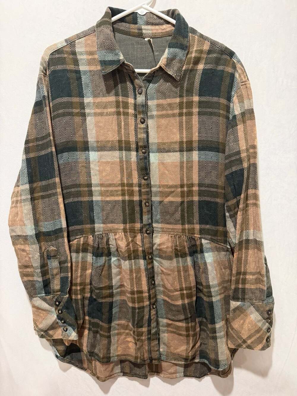 Free People Plaid Button-Up Shirt with Peplum Hem, Size M
